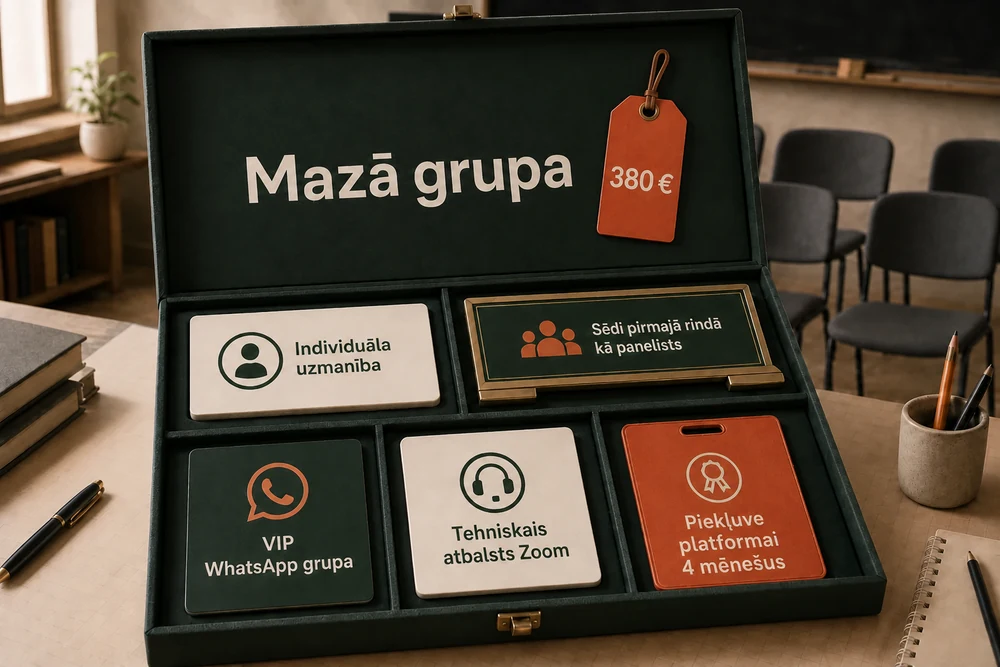Mazā grupa par 380 €: individuāla uzmanība, sēdi pirmajā rindā kā panelists, VIP WhatsApp grupa, tehniskais atbalsts Zoom un timefor.ai platforma